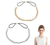 KLINNA Set de 2 Diademas de Cristal Bohemias y Cadena para la Cabeza con Pedrería, Cintas para el Pelo Elásticas con Purpurina para Mujer, Diademas Finas, Diadema Oro y Plata para Bodas