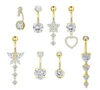 KLINNA Set de 8 Piercings para el Ombligo Dorado Acero Quirúrgico Mujer Mariposa Corazón Colgante de Circonita Piercing Ombligo Mujeres 10mm Piercing para Ombligo Regalo para Mujer Joyería