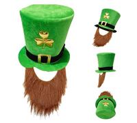 KLINNA Sombrero de Trébol con Barba para Disfraz de San Patricio - Casco de Vacaciones Irlandés en Verde, Cómodo Sombrero de Copa de Terciopelo como Disfraz de Duende para Carnaval y Fiestas Temáticas