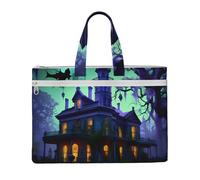 KLJnmbb Bolsa de lona negra con estampado de mansión embrujada para documentos, suministros de oficina, viajes, viajes, bolsas de hombro