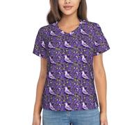 KLJnmbb Camiseta clásica de manga corta con estampado de flores y lavanda púrpura para mujer, suave, adecuada para el trabajo y la oficina, Negro, XXL