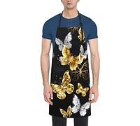 KLJnmbb Delantal de cocina para adultos con estampado de mariposas blancas y doradas, 28 x 33 pulgadas, elegante y funcional, delantal de chef