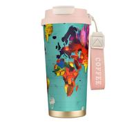 KLJnmbb Taza de viaje de acero inoxidable con diseño de mapa del mundo, para bebidas frías y calientes, oficina, camping, café