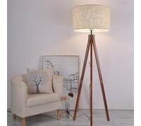 KlkrzJwy Lámpara De Pie Moderna De Lino Con Trípode De Madera De 61", Lámpara De Pie Redonda De Tela Con E26 Regulable, Luz Alta De Color Nogal Para Sala De Estar, Dormitorio, Estudio Y Comedor.