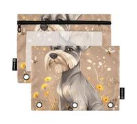 KLL Bolsa de almacenamiento para lápices con diseño de perros Schnauzer en miniatura de dibujos animados, color marrón, para carpetas de 3 anillos con agujeros para carpeta, organizador de oficina