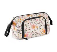 KLL Bolsa de maquillaje portátil con patrón de follaje de flores pequeñas, rosa, naranja, beige claro, gran capacidad, para adolescentes y niños