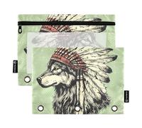 KLL Bolsa para lápices de lobo tribal de la India occidental, perforadora de 3 agujeros para tres anillas, bolsillos con 3 anillos para organizador de oficina