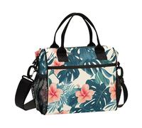 KLL Bolsa térmica de almuerzo para mujer, diseño de hojas verdes, flores rojas, estilo tropical, con correa para el hombro, bolsa de almuerzo grande para mujer, para jardín de infantes, bolsa de