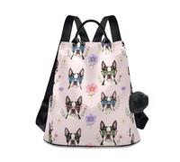 KLL Boston Terrier - Mochila multiusos para mujer, diseño de flores, color rosa, para ir de compras diarias en la universidad, con llavero de pompón