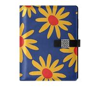 KLL Cuaderno de diario forrado de cuero para diario, portátil, margaritas amarillas, azul real, 6.7 x 9.2 pulgadas