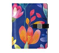KLL Cuaderno de espiral forrado de cuero para viajes, delicado dibujo animado, flores coloridas, color azul real, 6.7 x 9.2 pulgadas