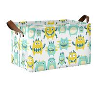 KLL Cute Little Monsters - Cestas de almacenamiento de tela verde y amarillo con asas plegables para organizar ropa, jeans, libros, paquete de 2 organizadores de ropa para armario