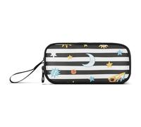 KLL Estuche de nailon para niños, diseño de rayas blancas y negras, con diseño de sol, luna, estrella, estuche de lápices de alta capacidad, organizador de papelería para escuela y mujer