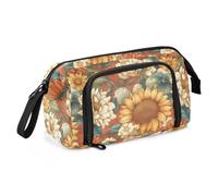 KLL Estuche grande de gran capacidad, estuche portátil con compartimentos para adolescentes y niños, cosméticos, flores de primavera, girasol, dalia, azucena, terracota