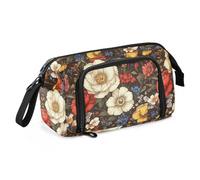 KLL Estuches de gran capacidad con cremallera con ranura para cepillo y estuche para lápices para profesores, universidad, flores, peonías, cerezos, claveles, color marrón