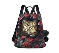 KLL Leopard Breaking Through The Rose Wall - Mochila para portátil con diseño de leopardo para mujer, para viajes, trabajo, uso diario, con llavero de pompones