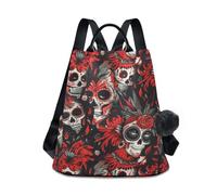KLL Mexican Of The Dead White Skull Flowers Fashion High School Mochila antirrobo ligera para mujer, para viajes, trabajo, uso diario con llavero de pompón