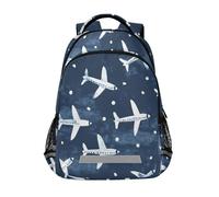 KLL Mochila de avión de acuarela azul oscuro con una correa para niños con bolsa grande para libros para estudiantes, mochilas escolares para adolescentes