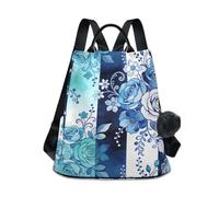 KLL Mochila de moda para la escuela secundaria de color azul bohemio con diseño de rosa misteriosa, mochila de moda para mujer, para viajes, trabajo, uso diario con llavero de pompón