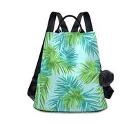 KLL Mochila de viaje con diseño de hojas de palma turquesa tropicales, ligera, bonita mochila para mujer, para viajes, trabajo, uso diario con llavero de pompón