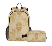 KLL Mochila para la escuela con bolsa de almuerzo, familia de leones africanos en color beige