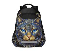KLL Mochila para niños con diseño de mandala azul y dorado con diseño de gato, 16 pulgadas, con grandes bolsas para libros, para mujeres, mochilas para adolescentes