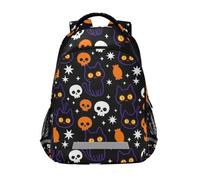 KLL Mochila pequeña con diseño de calavera de gato negro espeluznante para niños y niñas de sexto grado con patrón de estrellas y estrellas para niños y niñas