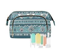 KLL Neceser ligero y grande para mujer, cartera para dinero en efectivo, organizador de cosméticos, azul y verde, tribal bohemio, azul y verde, 10.2 x 5.9 x 6.7 pulgadas, Azul Verde Tribal Boho,