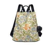 KLL William Morris Iris And Bird Fashion - Mochila universitaria para mujer, para viajes, trabajo, uso diario con llavero de pompón