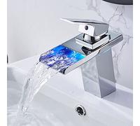 Klobvtt Grifo de lavabo de baño con luz LED, grifos de lavabo con caño de cascada, grifo de lavabo mezclador de agua fría y caliente, cambios de 3 colores sensibles a la temperatura, grifos de gabinet