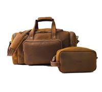Klondyke II - Bolsa de viaje de piel auténtica con artículos de aseo a juego, bolsa de viaje con correa ajustable para el hombro y correas para el carrito, Marrón, Carry-On, Combo de bolsa y artículos