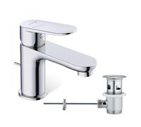 KLUDI -X1 Grifo de lavabo cromado con desagüe de tirador, grifo de ahorro de agua tamaño S, altura de caño 75 mm, cartucho de cerámica, grifo mezclador de lavabo con mangueras de conexión, arranque en