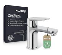 KLUDI - X1 grifo para lavabo, altura de caño 75 mm, grifo de ahorro de agua para baño tamaño S, cartucho de cerámica, grifo mezclador para lavabo, incluye mangueras de conexión en cromo