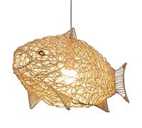 KLUFO Lámpara colgante de techo de mimbre natural en forma de pez con lámpara colgante de ratán, luz de gota, altura ajustable, lámpara colgante para restaurante, sala de estar, comedor