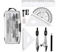 KLYNGTSK 12 PCS Set de Geometría Regla de Plástico Semicírculo Sacapuntas Borrador Bolígrafo Triángulos Compás Escolar de Metal con Caja de Plástico para Estudiantes Miden y Dibujen, Matemática