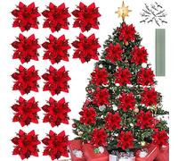 KLYNGTSK 12PCS Flores Navidad Artificiales Flores Navideñas Roja Flor de Pascua Navidad Flor de Nochebuena Artificial Poinsettia de Brillo Navideño con 12PCS Tallos y Clips para Decoración de Navidad