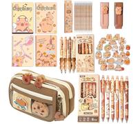 KLYNOVIX Capybara Stationery Set - Estuche grande para lápices, 4 cuadernos en espiral A5, 10 bolígrafos (2 estilos), 12 lápices, 2 gomas de borrar, esencial perfecto para el regreso a clases y regalo