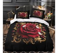 KLZXCVBNMQW Juego 3 Piezas Microfibra Suave Red Rose Funda Edredon Impresión 3D Cremallera Oculta Fundas Almohada Antibacteriana Ornate Floral Funda de Edredón for Adolescentes Single（135x200cm）
