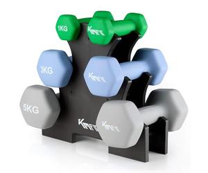 KM-Fit Juego de mancuernas 18 kg con soporte | Mancuernas de neopreno 1-5 kg | Hierro fundido con mango ergonómico | Antirodadura | Fitness y entrenamiento de fuerza en casa