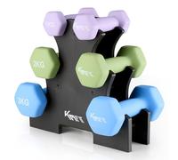 KM-Fit Juego de mancuernas 12 kg con soporte | Mancuernas de neopreno 1-3 kg | Hierro fundido con mango ergonómico | Antirodadura | Fitness y entrenamiento de fuerza en casa