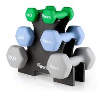 KM-Fit Juego de mancuernas 18 kg con soporte | Mancuernas de neopreno 1-5 kg | Hierro fundido con mango ergonómico | Antirodadura | Fitness y entrenamiento de fuerza en casa
