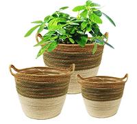 KMERCE 3pcs Cesta para Plantas, Macetero Mimbre, Macetas Decorativas Interior y Exterior, Cesto de jardín Seagrass con Asas, Cesta de Almacenamiento, Diámetro18cm,20cm,25cm