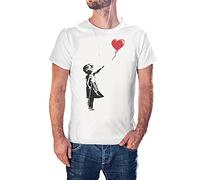 KMF T-SHIRT | Camiseta Hombre, algodón 150g | Manga Corta, Cuello Redondo, Outfit Moderno, Suave y Resistente, para Uso Diario | Diseño Estilo Banksy, Niña con Globo (Blanco, XL)