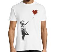 KMF T-SHIRT | Camiseta Hombre, algodón 150g | Manga Corta, Cuello Redondo, Outfit Moderno, Suave y Resistente, para Uso Diario | Diseño Estilo Banksy, Niña con Globo (Blanco, M)