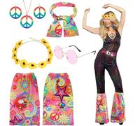 KMFYMPT 6 Piezas Complementos Hippie Mujer, Disfraz Hippie Mujer, HippieCostume Set, Incluye Gafas Vintage y Collar de la Paz, Adecuado para Reuniones Temáticas, Fiestas y Bailes de Graduación