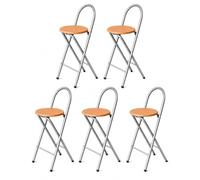 KMH® Taburete Bar Bill Set 5, plegable, respaldo y reposapiés - Plata/Haya | Altura 73 cm, ya montado, plegable y compacto, estructura de acero y asiento MDF en decoración haya - cocina, bar y eventos