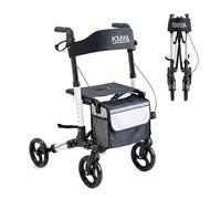 KMINA Andador Plegable con Asiento para Adultos, Plegado Vertical, Altura Regulable, Freno Maneta, Bolsa y Porta Bastón, Blanco