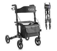 KMINA Andador Plegable con Asiento para Adultos, Plegado Vertical, Altura Regulable, Freno Maneta, Bolsa y Porta Bastón, Negro
