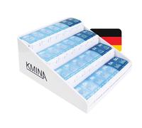 KMINA Pastillero Semanal 4 Tomas Grande Alemán, Organizador Pastillas | Dosificador de Medicamentos, Plástico sin BPA, Apertura con Botón, Personas Mayores, Mañana Tarde Noche Madrugada, Patentado