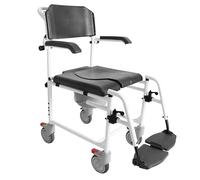 KMINA Silla Ducha con Ruedas (Versión 2.0, Frenos Mejorados), Asiento Acolchado con Agujero y Cubo, Reposabrazos y Reposapiés Abatibles - KMINA PRO (Negro)